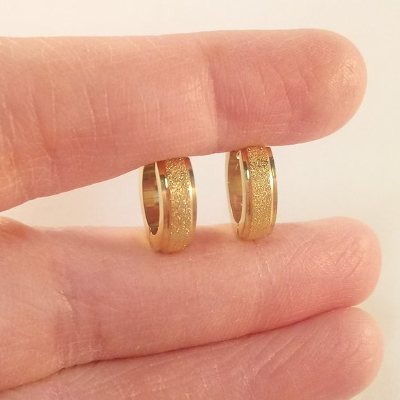 Mens Gold Stainless Steel Frosted Sandblast Hoop Earrings 14mm Party Gift - Picture 4 of 5